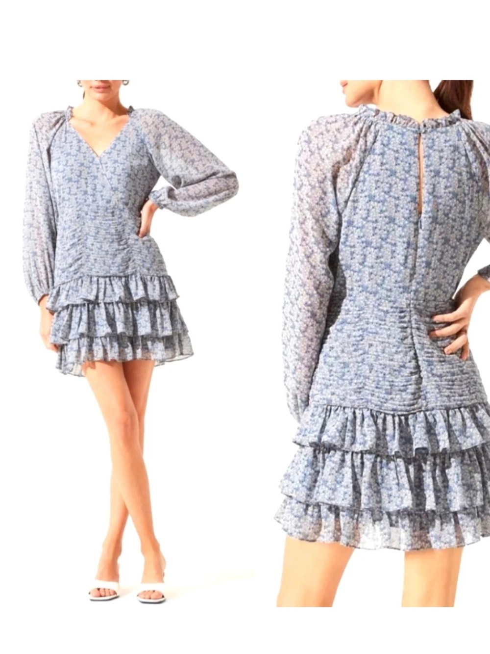 ASTR CHIFFON Longsleeve TIERED Ruffle Floral Mini Dress Med